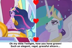 Size: 1500x1000 | Tagged: safe, derpibooru import, edit, edited screencap, screencap, princess celestia, princess twilight 2.0, twilight sparkle, twilight sparkle (alicorn), alicorn, pony, a royal problem, the last problem, adult, canterlot castle, caption, cropped, crown, ethereal mane, female, flowing mane, folded wings, heart, hoof shoes, image macro, jewelry, lesbian, lidded eyes, looking up, mare, momlestia, motherly, night, older, regalia, shipping, smiling, smuglight sparkle, spread wings, text, throne room, twilestia, wings