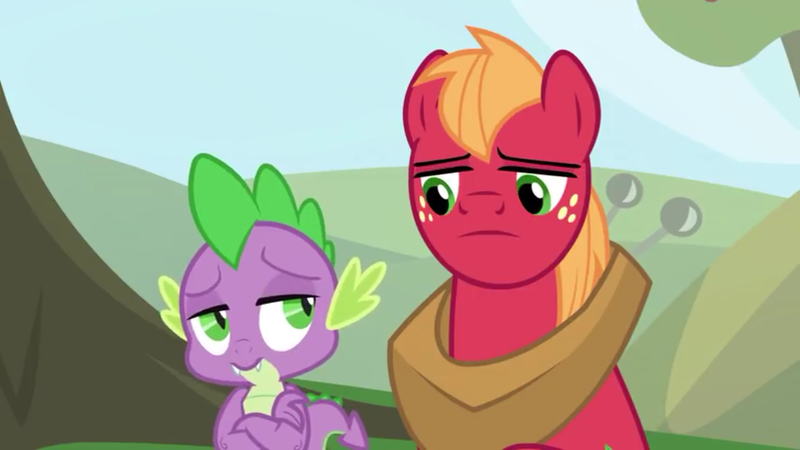 Size: 1280x720 | Tagged: safe, derpibooru import, screencap, big macintosh, spike, dragon, earth pony, pony, the big mac question, claws, crossed arms, looking at each other, male, stallion, tail, winged spike