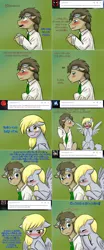 Size: 1562x3758 | Tagged: safe, artist:jitterbugjive, derpibooru import, derpy hooves, doctor whooves, time turner, pony, lovestruck derpy, blushing, clothes, goggles, shirt, spread wings, theenamoredclockmaker, wingboner, wings