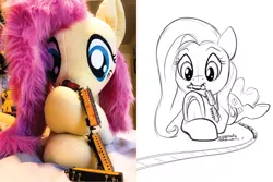 Size: 2400x1600 | Tagged: safe, artist:natureshy, artist:tsitra360, derpibooru import, fluttershy, pegasus, pony, cute, destruction, giant pony, imminent vore, irl, macro, macro/micro, photo, plushie, shyabetes, train