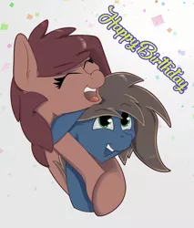 Size: 2848x3348 | Tagged: safe, artist:miaowwww, derpibooru import, oc, unofficial characters only, pony, birthday, hug