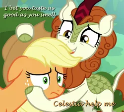 Size: 954x864 | Tagged: safe, derpibooru import, edit, edited screencap, screencap, applejack, autumn blaze, kirin, pony, sounds of silence, caption, cropped, do not want, image macro, text