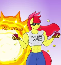 Size: 1280x1355 | Tagged: safe, artist:matchstickman, derpibooru import, apple bloom, anthro, earth pony, tumblr:where the apple blossoms, abs, apple, apple brawn, biceps, bits, breasts, busty apple bloom, buy some apples, clothes, coin, comic, cool guys don't look at explosions, deltoids, explosion, female, fingerless gloves, food, gloves, gradient background, jeans, kaboom, mare, matchstickman's apple brawn series, midriff, money, muscles, no dialogue, older, older apple bloom, pants, pecs, shirt, single panel, solo, straw in mouth, sunglasses, tanktop, tumblr comic