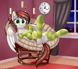 Size: 4096x3634 | Tagged: safe, alternate version, artist:miseriaart, derpibooru import, oc, oc:siren, unofficial characters only, pegasus, pony, fallout equestria, fanfic:fallout equestria: broken oaths, butt, chair, clock, clothes, commission, dock, featureless crotch, female, heart, on back, papasan, plot, socks, solo, striped socks, window, ych result