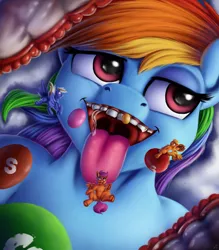Size: 3500x4000 | Tagged: suggestive, artist:vittorionobile, derpibooru import, applejack, rainbow dash, scootaloo, oc, oc:electric blue, candy, drool, drool string, esophagus, falling, female, fetish, food, gullet, imminent vore, mawshot, micro, mouth, open mouth, preddash, salivating, skittles, slimy, tongue out, unaware, unaware vore, uvula