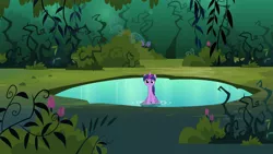 Size: 1920x1080 | Tagged: safe, derpibooru import, screencap, twilight sparkle, pony, unicorn, magic duel, everfree forest, female, mare, pond, sad, sitting, solo, unicorn twilight, wet, wet mane