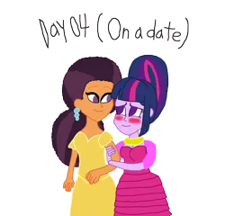 Size: 3000x2879 | Tagged: safe, artist:bigpurplemuppet99, derpibooru import, saffron masala, twilight sparkle, equestria girls, alternate clothes, alternate hairstyle, blushing, female, lesbian, shipping, twiffron