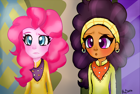 Size: 587x397 | Tagged: safe, artist:ari090, derpibooru import, edit, pinkie pie, saffron masala, equestria girls, spice up your life, clothes, ear piercing, earring, equestria girls interpretation, equestria girls-ified, hairband, jewelry, piercing, scene interpretation, shirt