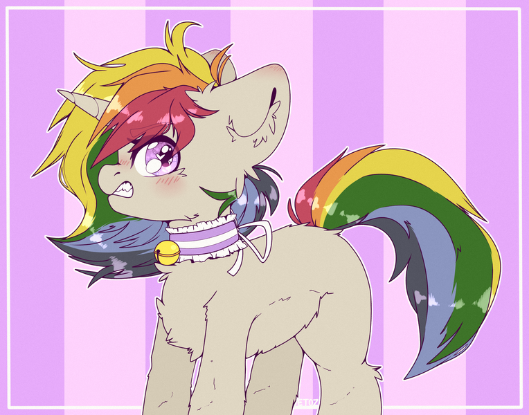 Size: 2800x2200 | Tagged: safe, artist:etoz, derpibooru import, oc, oc:agap, unofficial characters only, pony, unicorn, angry, blushing, cute, femboy, horn, male, multicolored hair, rainbow hair, stallion, tsundere