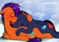 Size: 1024x724 | Tagged: safe, artist:jcosneverexisted, derpibooru import, oc, oc:lightning loons, oc:sleepy rain, unofficial characters only, pony, blushing, cute, eyes closed, gay, lying, male, sleeping, stallion