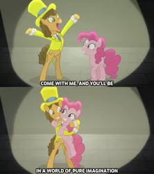 Size: 1280x1440 | Tagged: safe, derpibooru import, edit, edited screencap, screencap, cheese sandwich, pinkie pie, pony, the last laugh, caption, charlie and the chocolate factory, cheesepie, female, heartwarming, hug, lyrics in the description, male, pure imagination, shipping, song in the description, song reference, straight, willy wonka and the chocolate factory, youtube link