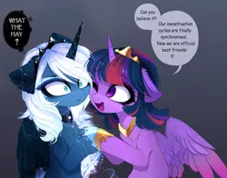 Size: 4333x3396 | Tagged: suggestive, artist:magnaluna, derpibooru import, princess luna, twilight sparkle, twilight sparkle (alicorn), alicorn, pony, best friends, chest fluff, creepy, crown, dialogue, duo, duo female, ear fluff, eye clipping through hair, female, floppy ears, gradient background, holding hooves, hoof shoes, jewelry, mare, menstruation, one eye closed, open mouth, peytral, regalia, speech bubble, too much information, twilight being twilight, what the hay?