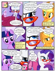 Size: 612x792 | Tagged: safe, artist:newbiespud, derpibooru import, edit, edited screencap, screencap, applejack, fluttershy, pinkie pie, rarity, twilight sparkle, earth pony, pegasus, pony, unicorn, comic:friendship is dragons, suited for success, annoyed, comic, dialogue, eyeroll, female, freckles, frown, glasses, glowing horn, grin, hat, hooves, horn, levitation, looking back, looking down, magic, mare, open mouth, screencap comic, sewing, smiling, telekinesis, unamused, unicorn twilight, worried