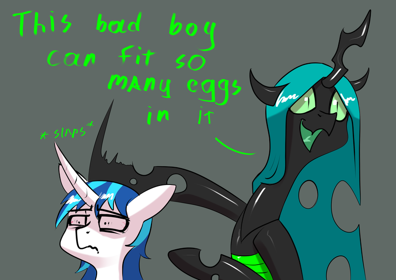 Size: 3508x2480 | Tagged: suggestive, artist:underpable, derpibooru import, queen chrysalis, shining armor, changeling, changeling queen, pony, unicorn, female, gray background, implied oviposition, implied rape, implied sex, lewd, male, meme, onomatopoeia, quadrupedal, scared, simple background, slaps roof of car meme, stallion, this will end in tears