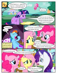 Size: 612x792 | Tagged: safe, artist:newbiespud, derpibooru import, edit, edited screencap, screencap, applejack, fluttershy, pinkie pie, rainbow dash, rarity, twilight sparkle, earth pony, pegasus, pony, unicorn, comic:friendship is dragons, annoyed, bag, book, comic, dialogue, female, freckles, jumping, mane six, mare, pillow, saddle bag, screencap comic, sitting, smiling, trampoline, unicorn twilight, upside down, worried, yawn