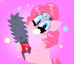 Size: 1338x1152 | Tagged: safe, artist:spritecranbirdie, derpibooru import, pinkie pie, earth pony, pony, cupcakes hd, chainsaw, female, grimcute, insanity, mare, smiling, solo