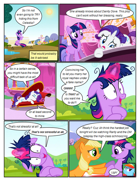 Size: 612x792 | Tagged: safe, artist:newbiespud, derpibooru import, edit, edited screencap, screencap, applejack, rainbow dash, twilight sparkle, earth pony, pegasus, pony, unicorn, comic:friendship is dragons, lesson zero, bench, comic, cowboy hat, dialogue, fainting couch, female, floppy ears, freckles, glowing horn, hat, hooves, horn, looking down, looking up, lying down, magic, mare, ponyville, puddle, screencap comic, sitting, standing, sun, twilight snapple, unicorn twilight, windmill, worried