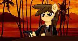 Size: 10235x5457 | Tagged: safe, artist:ejlightning007arts, derpibooru import, oc, oc:ej, ponified, pony, cast, clothes, crossover, gun, male, orange background, palm tree, scarface, serious, serious face, simple background, stallion, table, tree, weapon