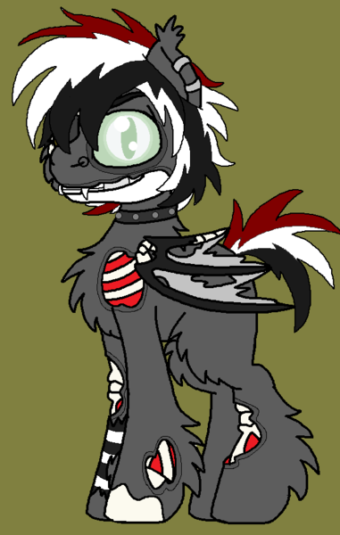 Size: 576x908 | Tagged: semi-grimdark, artist:rosefang16, derpibooru import, oc, oc:nightshade dusk, unofficial characters only, bat pony, pony, undead, zombie, zombie pony, arm warmers, bat pony oc, bat wings, bone, chest fluff, choker, clothes, ear fluff, ear piercing, earring, fluffy, goth, green background, jewelry, leg fluff, male, nose piercing, nose ring, piercing, simple background, skull, solo, spiked choker, stallion, wings