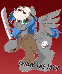 Size: 847x1024 | Tagged: safe, artist:littlebibbo, derpibooru import, oc, oc:bibbo, pegasus, pony, blood, clothes, costume, cutie mark, freckles, friday the 13th, jacket, jason voorhees, looking at you, machete, mask, red background, simple background, tail bun, text, wings