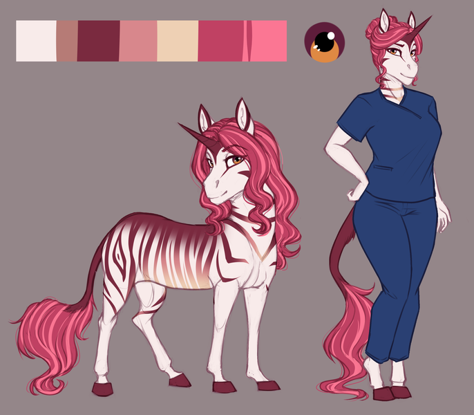 Size: 2992x2617 | Tagged: safe, alternate version, artist:askbubblelee, derpibooru import, oc, oc:impala lily, unofficial characters only, anthro, hybrid, pony, unguligrade anthro, unicorn, zony, anthro oc, breasts, clothes, digital art, female, leonine tail, mare, nurse, nurse uniform, reference sheet, smiling, solo