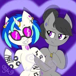 Size: 2000x2000 | Tagged: safe, artist:alannaartroid, derpibooru import, octavia melody, vinyl scratch, earth pony, pony, unicorn, icey-verse, alternate hairstyle, bipedal, commission, ear piercing, earring, eyebrow piercing, female, glasses, grin, heart, horn, horn ring, jewelry, lesbian, looking at each other, mare, necklace, piercing, redesign, ring, scratchtavia, shipping, smiling, tattoo, vinyl's glasses, wedding ring