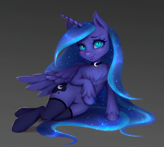 Size: 2985x2685 | Tagged: alicorn, artist:kayav_art, blushing, chest fluff, choker, clothes, cute, derpibooru import, disproportional anatomy, eyeshadow, female, gray background, looking at you, makeup, mare, princess luna, safe, semi-anthro, simple background, smiling, socks, solo, stockings, thigh highs, unshorn fetlocks