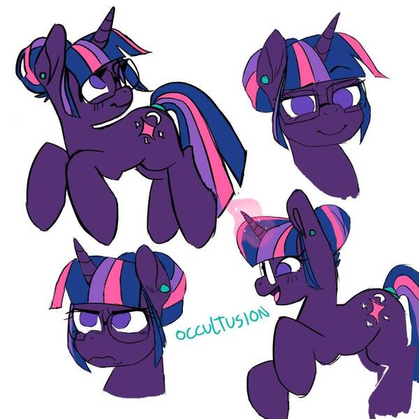 Size: 894x894 | Tagged: safe, artist:occultusion, derpibooru import, twilight sparkle, pony, unicorn, alternate hairstyle, ear piercing, earring, female, glasses, glowing horn, hair bun, horn, jewelry, mare, open mouth, piercing, raised hoof, redesign, signature, simple background, solo, unicorn twilight, white background