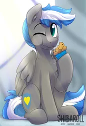 Size: 2160x3137 | Tagged: safe, artist:shibaroll, deleted from derpibooru, derpibooru import, oc, oc:cloud zapper, unofficial characters only, pegasus, pony, commission, eating, food, interior, male, muffin, one eye closed, solo, stallion, wings