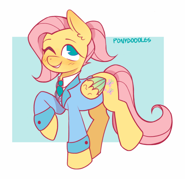 Size: 865x838 | Tagged: safe, artist:occultusion, derpibooru import, fluttershy, pegasus, pony, alternate hairstyle, blazer, blushing, clothes, cute, fancy, female, mare, necktie, one eye closed, ponytail, raised hoof, raised leg, shyabetes, solo, suit, three piece suit, wink