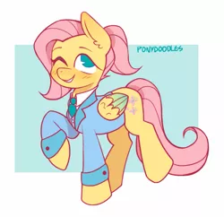 Size: 865x838 | Tagged: safe, artist:occultusion, derpibooru import, fluttershy, pegasus, pony, alternate hairstyle, blazer, blushing, clothes, cute, fancy, female, mare, necktie, one eye closed, ponytail, raised hoof, raised leg, shyabetes, solo, suit, three piece suit, wink