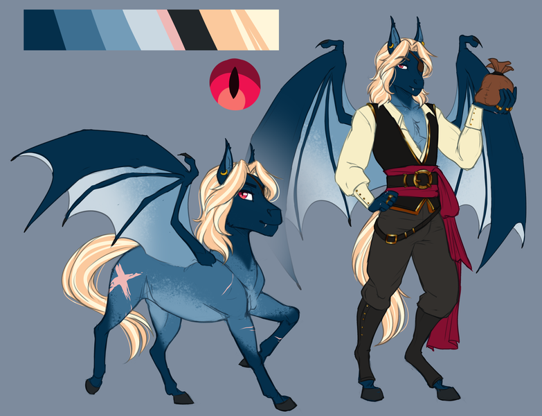 Size: 4825x3695 | Tagged: safe, alternate version, artist:askbubblelee, derpibooru import, oc, oc:steed bonnet, unofficial characters only, anthro, bat pony, pony, unguligrade anthro, anthro oc, bat pony oc, bat wings, clothes, eyepatch, fangs, long hair, long hair male, long mane, long mane male, male, pirate, reference sheet, scar, slit eyes, smiling, stallion, wings