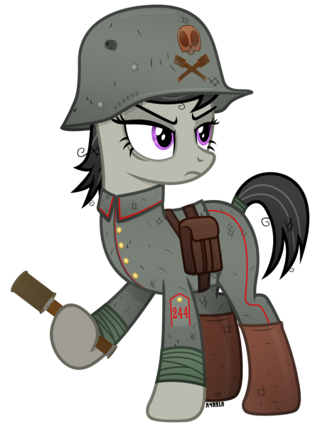 Size: 3000x4000 | Tagged: safe, artist:a4r91n, derpibooru import, octavia melody, pony, annoyed, bandage, boots, clothes, frown, german, grenade, hoof hold, kriegtavia, messy mane, military uniform, pants, shoes, simple background, stahlhelm, stielhandgranate, tail wrap, transparent background, uniform, vector, world war i