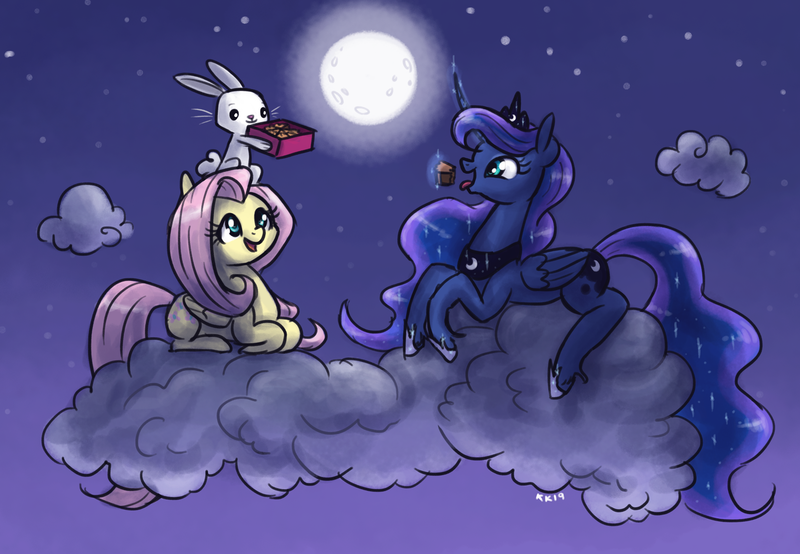 Size: 1800x1246 | Tagged: safe, artist:king-kakapo, derpibooru import, angel bunny, fluttershy, princess luna, alicorn, pegasus, pony, rabbit, animal, cloud, curved horn, cute, digital art, eating, female, food, full moon, glowing horn, horn, lunabetes, lying on a cloud, magic, male, mare, moon, mooncake, night, night sky, on a cloud, open mouth, prone, shyabetes, sky, stars, telekinesis, tongue out, trio