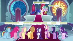 Size: 1920x1080 | Tagged: safe, derpibooru import, edit, edited screencap, screencap, applejack, fluttershy, pinkie pie, princess cadance, princess celestia, princess luna, rainbow dash, rarity, spike, starlight glimmer, twilight sparkle, twilight sparkle (alicorn), alicorn, dragon, earth pony, pegasus, pony, unicorn, derpibooru, school raze, applebutt, back of head, balloonbutt, butt, canterlot castle, canterlot throne room, ethereal mane, female, flutterbutt, flying, glimmer glutes, hoof shoes, line-up, lovebutt, male, mane eight, mane seven, mane six, mane six plots, mare, meta, moonbutt, plot, plot line, plotline, rainbutt dash, rearity, sunbutt, tags, throne, throne room, twibutt, winged spike