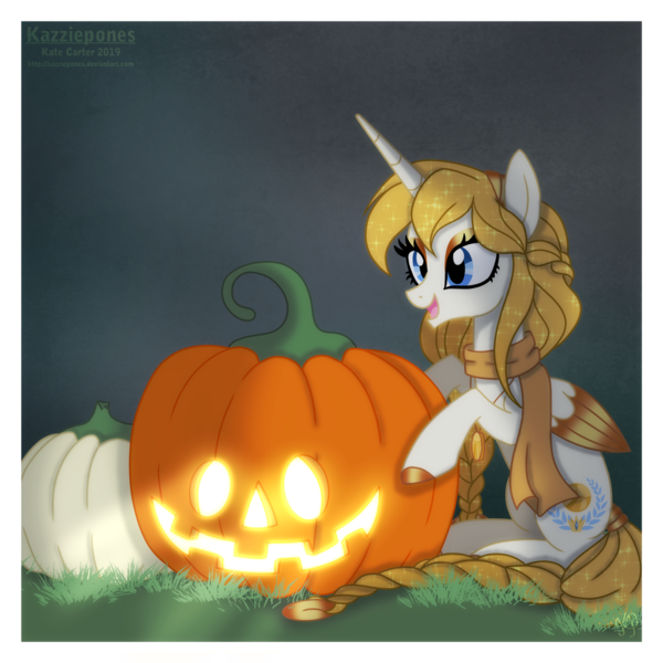 Size: 1024x1024 | Tagged: safe, artist:kazziepones, derpibooru import, oc, oc:aurora, alicorn, pony, clothes, female, halloween, holiday, jack-o-lantern, mare, pumpkin, scarf, solo, two toned wings, wings