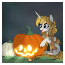 Size: 1024x1024 | Tagged: safe, artist:kazziepones, derpibooru import, oc, oc:aurora, alicorn, pony, clothes, female, halloween, holiday, jack-o-lantern, mare, pumpkin, scarf, solo, two toned wings, wings