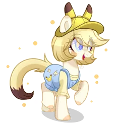 Size: 2735x2823 | Tagged: safe, artist:lazuli, artist:sugaryicecreammlp, derpibooru import, oc, oc:pika, unofficial characters only, earth pony, pikachu, pony, base used, cap, clothes, commission, eye clipping through hair, female, hat, mare, overalls, pokémon, raised hoof, simple background, solo, transparent background