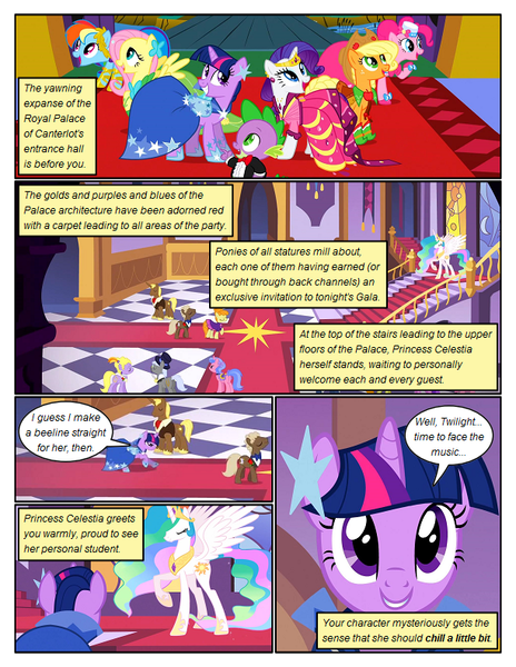 Size: 612x792 | Tagged: safe, artist:newbiespud, derpibooru import, edit, edited screencap, screencap, applejack, fluttershy, pinkie pie, princess celestia, rainbow dash, rarity, spike, twilight sparkle, alicorn, earth pony, pegasus, pony, unicorn, comic:friendship is dragons, the best night ever, background pony, bag, clothes, comic, dialogue, dress, ethereal mane, eyes closed, female, freckles, gala dress, grin, hat, hoof shoes, looking up, male, mane seven, mane six, mare, monocle, raised hoof, saddle bag, screencap comic, smiling, stallion, suit, top hat, unicorn twilight, unshorn fetlocks