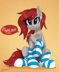 Size: 1453x1754 | Tagged: safe, artist:rednite, derpibooru import, oc, oc:ponepony, unofficial characters only, pony, chest fluff, clothes, commission, dialogue, female, fight me, sitting, socks, striped socks, ych result
