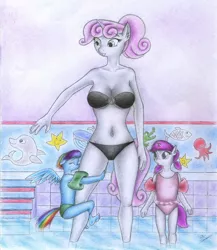 Size: 2462x2831 | Tagged: anthro, artist:sinaherib, bikini, breasts, busty sweetie belle, clothes, derpibooru import, female, male, oc, oc:amber earring, oc:rainfall, offspring, older, one-piece swimsuit, parent:fancypants, parent:rainbow dash, parent:rarity, parent:soarin', parents:raripants, parents:soarindash, safe, sweetie belle, swimsuit, traditional art
