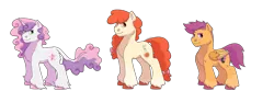 Size: 1280x427 | Tagged: safe, artist:itstechtock, derpibooru import, apple bloom, scootaloo, sweetie belle, classical unicorn, pony, unicorn, alternate cutie mark, cloven hooves, cutie mark crusaders, leonine tail, older, older apple bloom, older scootaloo, older sweetie belle, simple background, transparent background, unshorn fetlocks