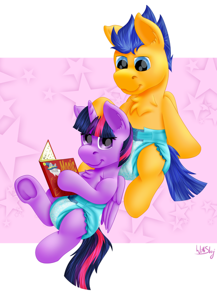 Size: 943x1280 | Tagged: questionable, artist:wittleskaj, derpibooru import, flash sentry, twilight sparkle, twilight sparkle (alicorn), alicorn, pegasus, pony, book, colt, diaper, diaper fetish, female, fetish, filly, flashlight, foal, male, reading, shipping, straight