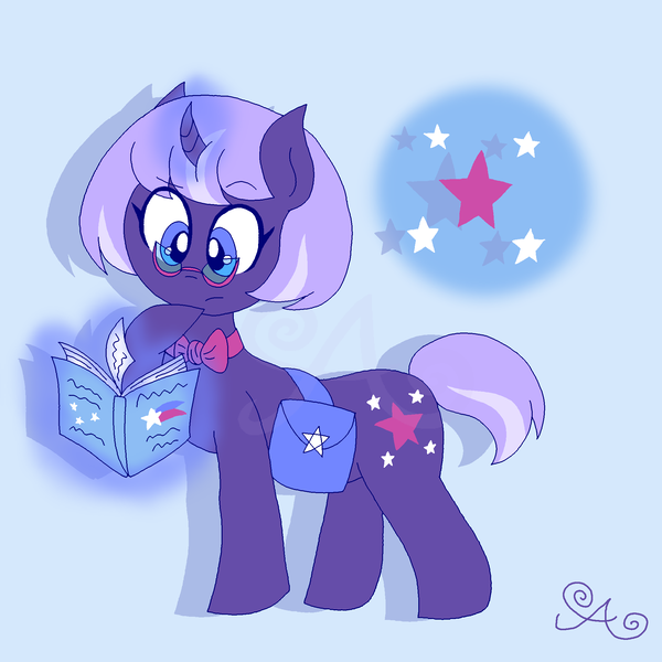 Size: 2000x2000 | Tagged: safe, artist:alannaartroid, derpibooru import, twilight sparkle, pony, unicorn, alternate cutie mark, alternate hairstyle, alternate universe, bag, blue background, book, bowtie, curved horn, female, glasses, glowing horn, horn, mare, raised hoof, redesign, saddle bag, simple background, solo, unicorn twilight