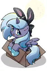 Size: 801x1200 | Tagged: safe, artist:yukandasama, derpibooru import, princess luna, alicorn, pony, bow, box, bunny ears, cookie, crown, cute, female, filly, food, hoof shoes, jewelry, lunabetes, open mouth, pixiv, pony in a box, regalia, simple background, solo, white background, woona, younger