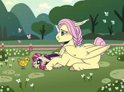 Size: 1024x763 | Tagged: safe, artist:echabi, derpibooru import, fluttershy, oc, oc:bedlam, draconequus, hybrid, pegasus, pony, kindverse, draconequus oc, female, interspecies offspring, mother and child, mother and daughter, offspring, parent:discord, parent:fluttershy, parents:discoshy