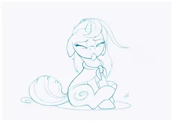 Size: 1073x759 | Tagged: safe, artist:sherwoodwhisper, derpibooru import, oc, oc:eri, unofficial characters only, pony, unicorn, clothes, female, lineart, mare, monochrome, sitting, solo, tongue out, traditional art
