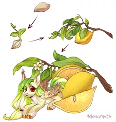 Size: 3792x3976 | Tagged: safe, artist:helemaranth, derpibooru import, oc, oc:lemony light, pegasus, pony, female, flower, food, leaves, lemon, looking at you, mare, open mouth, rcf community, seed, solo
