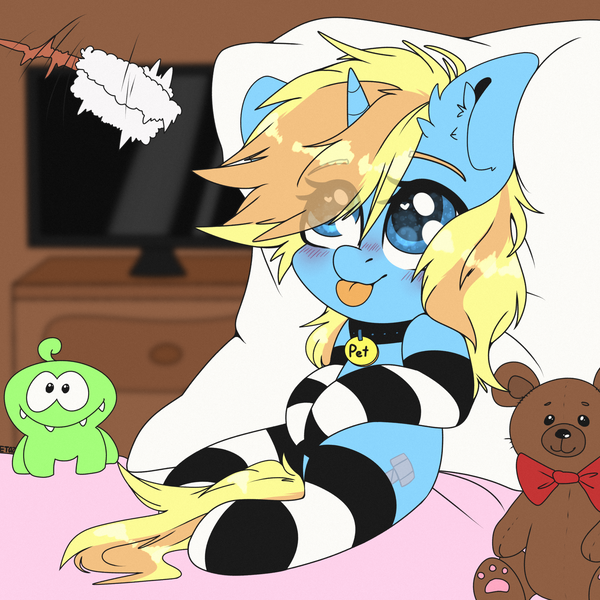 Size: 2500x2500 | Tagged: suggestive, artist:etoz, derpibooru import, oc, oc:skydreams, unofficial characters only, pony, unicorn, bed, blushing, clothes, collar, female, heart eyes, mare, pet play, pet tag, pillow, pony pet, socks, solo, striped socks, teddy bear, tongue out, wingding eyes