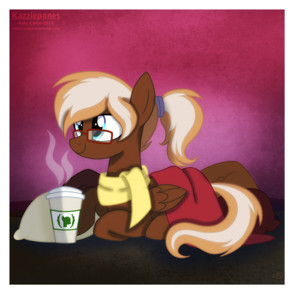 Size: 894x894 | Tagged: safe, artist:kazziepones, derpibooru import, oc, oc:coffee creme, unofficial characters only, pegasus, pony, blanket, clothes, coffee, female, glasses, pillow, scarf, solo